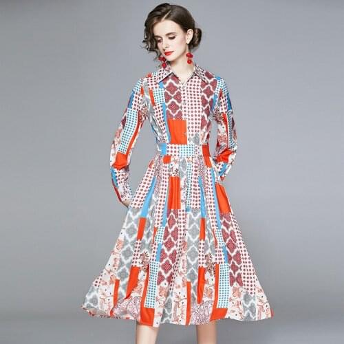 ZUOMAN Woman Autumn Elegant Print Dress Long Sleeve Lapel Good Quality Dress For Party Casual