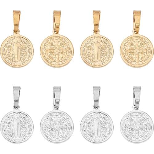 10Pcs 304 Stainless Steel Pendants Religion Flat Round with Saint Benedict Pendant For Necklace Jewelry Making 15x12x2mm