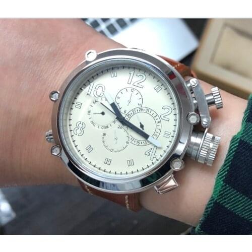 50mm GEERVO right hand crown White dial Automatic Self-Wind movement Auto Date Mens watch cow Leather strap GR264-G8