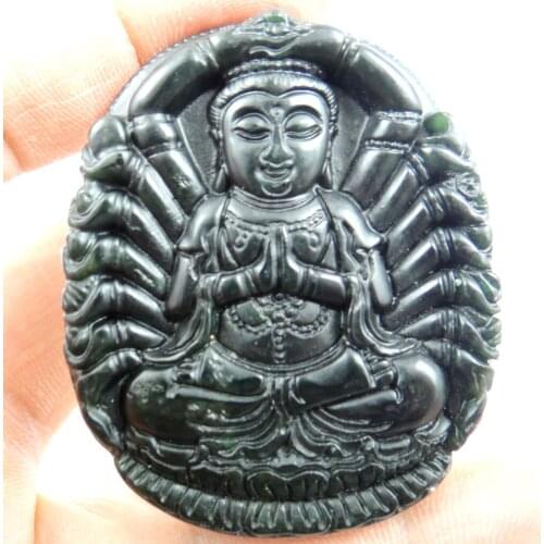 54*45*8MM Wholesale natural Chinese black green stone hand-carved statue of Avalokitesvara amulet pendant necklace