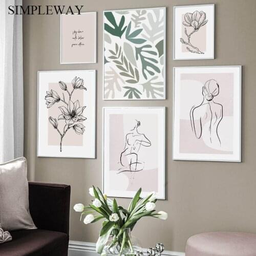 Abstract Botanical Poster Line Drawing Woman Canvas Wall Art Print Scandinavian Floral Leaf Artwork Picture Modern Home Decor