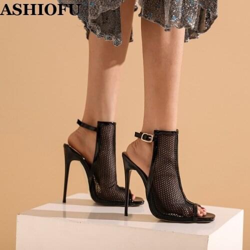 ASHIOFU Handmade Classic Womens Sandals Air-mesh Leather Slingback Party Sexy Shoes Buckle Strap Real-pics Fashion Sandal Shoes