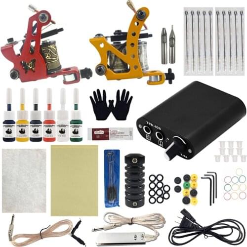 Dual Set of Self-taught Tattoo Machine Kits Gun Machine Power Pedal Ink Sets Nutrition Needle Gripping Tip