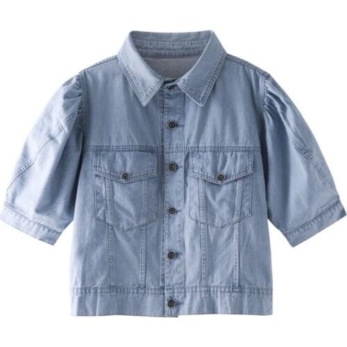 Denim Short-Sleeve Shirt Jacket Women Korean Loose Lapel Ruff Sleeve Short Blouse Summer Office Lady Solid Jean Tops Light Blue