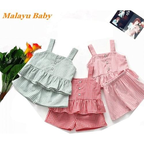 Malayu Baby Girls Clothin Sets 2021 Summer New Cute Girl Chlid Plaid Ruffle Sling Top+Casual Shorts 2pcs 1-5 Years Kid Clothing