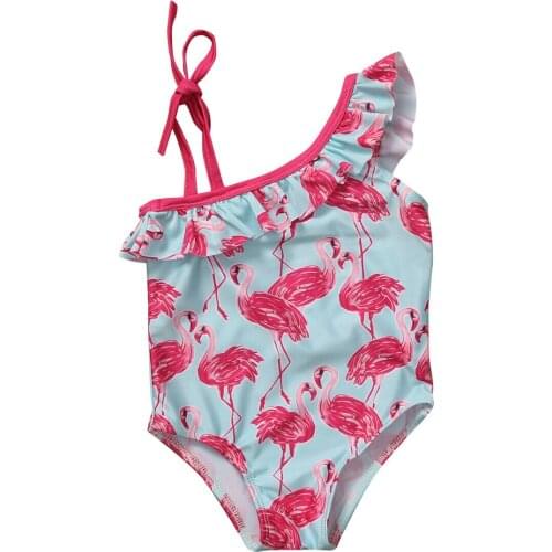Summer Toddler Kids Baby Girl One Shoulder Strap Flamingo Swimwear Beachwear Swimsuit Bathing Suit 1-6Y