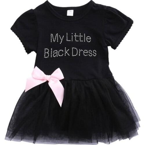 0-24M Fashion Cute Summer Newborn Infant Baby Girls Cotton O-Neck Letter Print Lace Knee-Length Black Tutu Dress Outfit Party