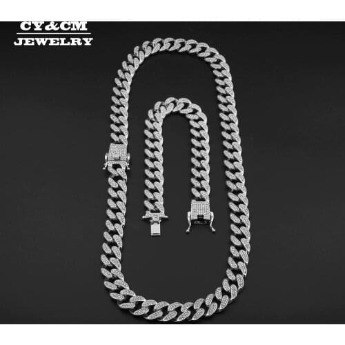 Iced Out Bling Rhinestone Crystal Gold Silver Color Miami Cuban Link Chain for Men Hip hop Necklace Long Fashion Necklaces Set
