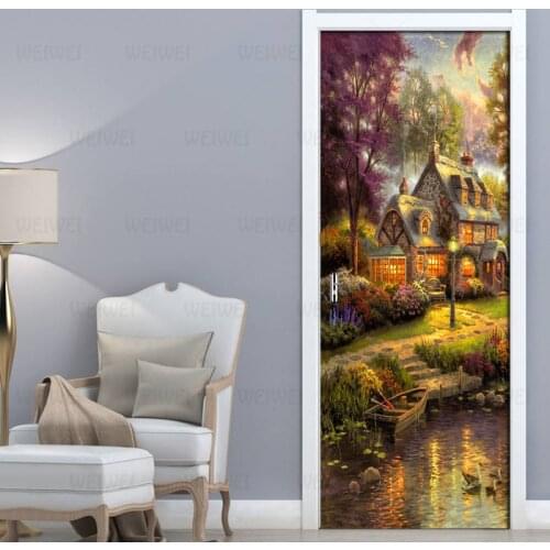 DIY Door Sticker Oil Painting House Photo Wallpaper PVC Self-adhesive Wall Decals Living Room Bedroom Door Home Decor Sticker