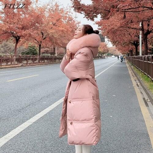 FTLZZ New Winter Women 90% White Duck Down Warm Parkas Coat Large Artificial Fur Hooded Casual Loose Thickness Snow Outerwear