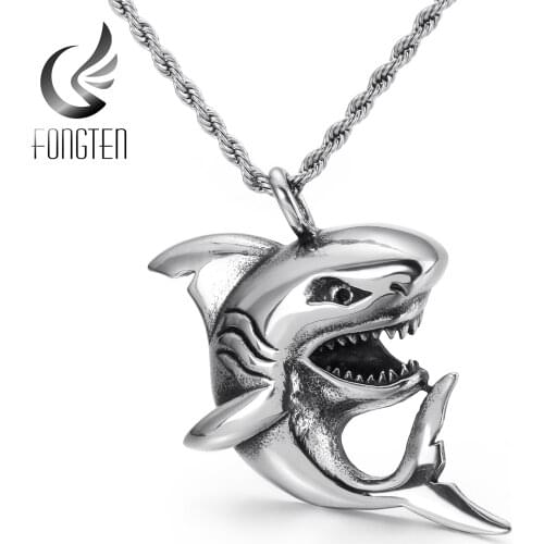 Fongten Hip Hop Shark Pendat Necklace Men Stainless Steel Chain Animal Necklaces Mens Jewelry