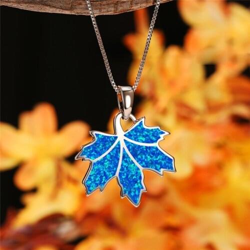 Luxury Female Blue White Opal Pendant Necklace Dainty Silver Color Chain Necklaces For Women Vintage Maple Leaf Wedding Jewelry