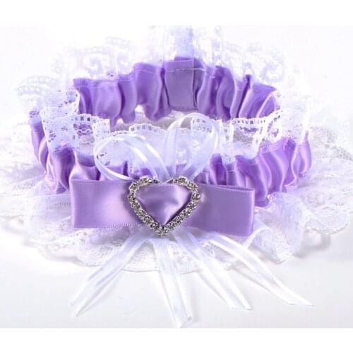 Garter purple lace wedding accessory lucky bride Bow rhinestone heart elastic tape #68