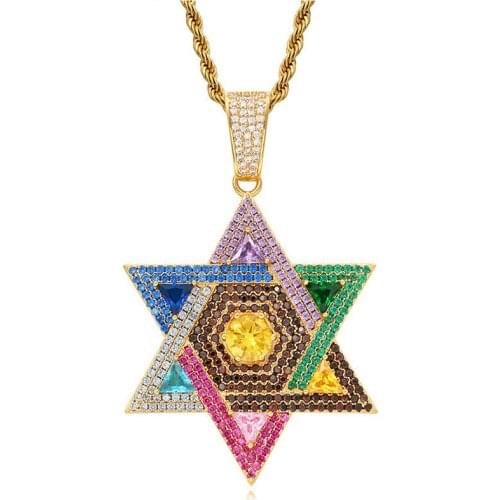 Rainbow Colors Cubic Zircon Magen Star Of David Pendant Israel Jewish Necklace Iced Out CZ Stone Men Hip Hop Jewelry Gift