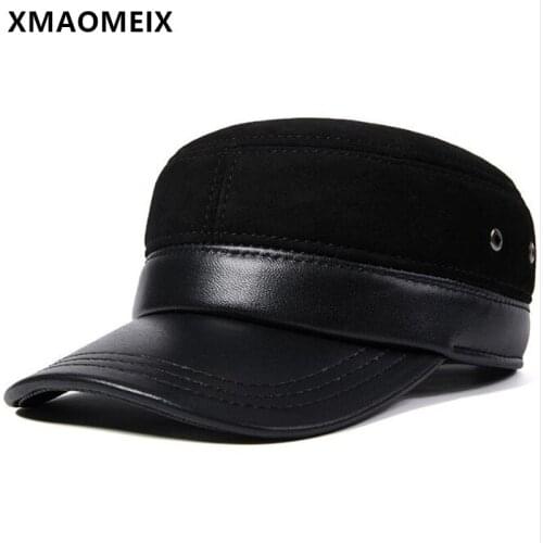 XMAOMEIX Winter Mens Natural Genuine Leather Hat Warm Sheepskin Leather Military Hats Adjustable Size Men Brand Sports Flat Cap