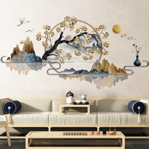 [SHIJUEHEZI] Rivers Mountains Wall Stickers DIY Ginkgo Tree Mural Decals for Living Room Bedroom Kitchen Home Decoration