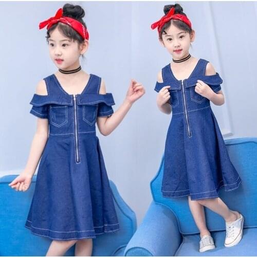 Spring and Summer Childrens Clothing Girls Strapless Denim Dress Blue Loose Casual A-line Skirt