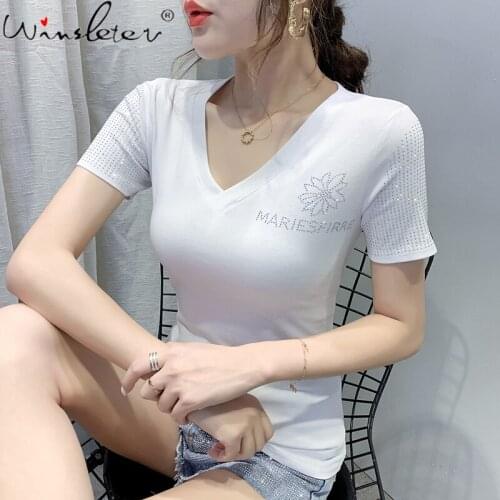 Summer Korean Style T-Shirt Fashion Sexy V-Neck Diamonds Women Tops Short Sleeve Cotton Bottoming Shirt Tees New 2021 T14718A