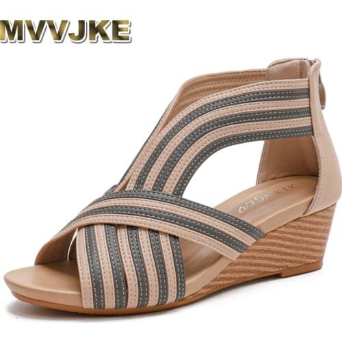 MVVJKESimi Slope Heel Sandals Womens Mid-heel 2021 Summer New European Fashion Casual Bag Heel Zipper Roman Shoes Ladies Sandal