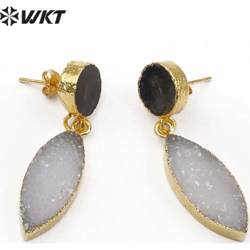 WT-E445 Wholesale Natural Sparkly druzy crescent Hanging earrings with gold edged Electroplated stone earrings for women gift