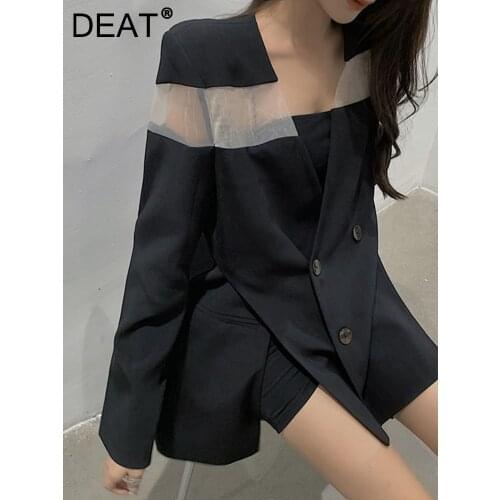 DEAT Women Black Patchwork Gauze Double Breasted Blazer New V-neck Long Sleeve Top Fashion Tide Spring Summer 2021 7D0747