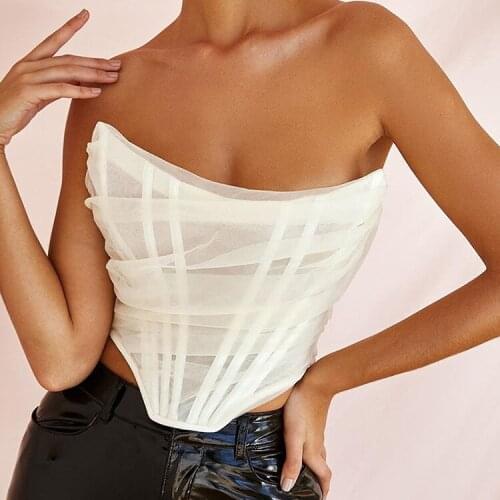 Sleeveless Fashion Strapless Bustier Corset Crop Tops Female Mesh Backless White Women Tops Zipper Summer 2020