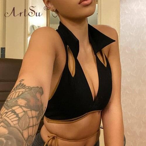 ArtSu Gothic Deep V-Neck Hollow Out Black Halter Crop Top Sleeveless Skinny Elastic Patchwork Bandage Tank Top Women Sexy Summer