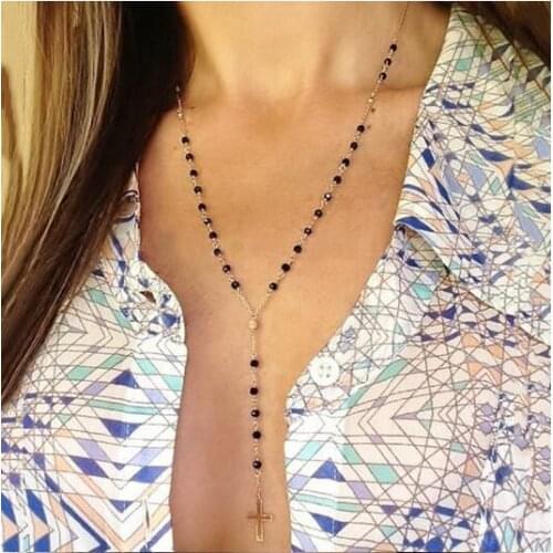 Long Tassel Cross Pendant Necklaces for Women Jewelry Sweater Rosary Black Beads Necklace Chain bijoux femme kolye collares
