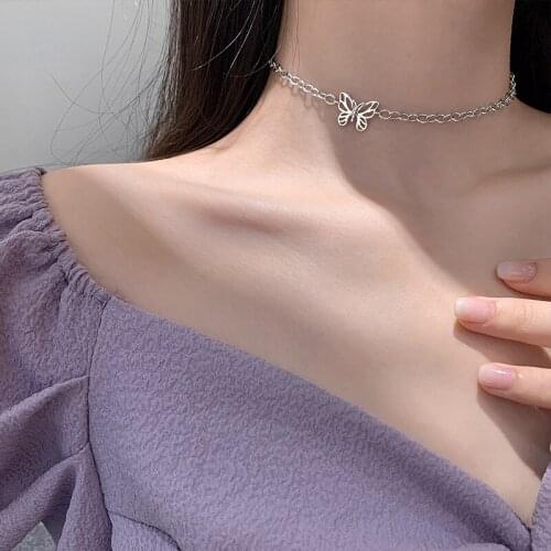 925 Sterling Silver New Women Fashion Jewelry High Quality Butterfly-Shaped Hollow Pendant Necklace Girls Choker Length 42CM