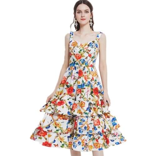2021 New Summer Women Sexy Backless Beach Vacation Strap Dress Sweet Three Colors Flowers Print Cake Hem Slim Long Dress