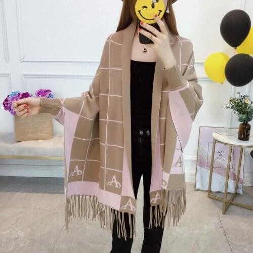 ZJZLL Europen Autunm Free Size Double Side Color Plaid Knit Cloak Quality Shawl Womens Trench Coat Cashmere Cape And Poncho