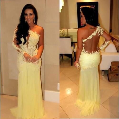 2020 Modest Design One Shoulder Sheer Back Trumpet Pleats Flower Yellow Lace And Chiffon Connected Customize Prom Dresses