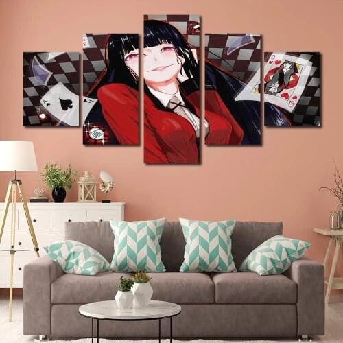 Girl Playing Cards Frame Poster 5 Pcs Japan Style Yumeko Jabami Wall Art Print Modular Canvas Painting Decor Home Anime Picture