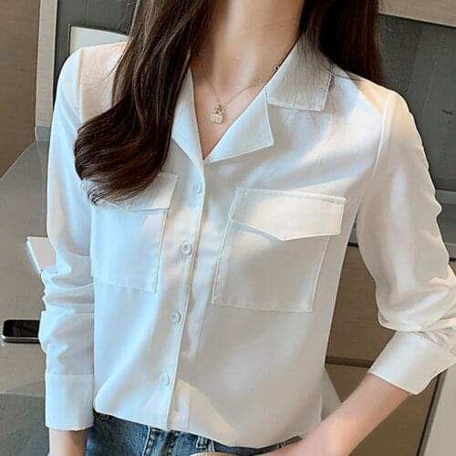 Long Sleeve White Blouse Women Shirts Blusas Mujer De Moda 2021 V-neck Office Blouse For Women Chiffon Blouse Shirt Tops C519
