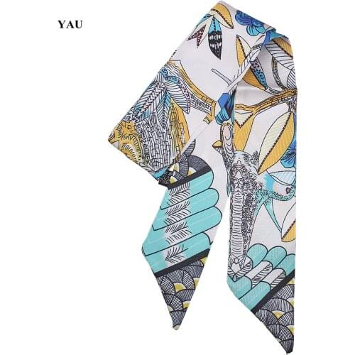 Free Shipping 95cm*5cm Leaves Bird Printed Small Scarf Women Twill Silk Scarf Headband Long Scarves Bag Accessories Ribbon