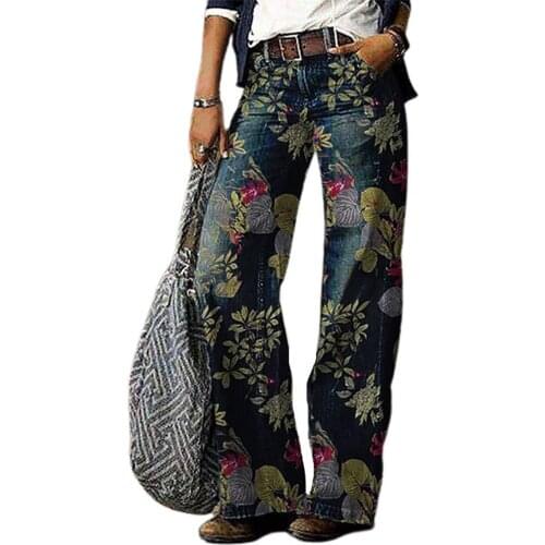 Women Denim Pants High Waist Retro Floral Print Loose Wide Leg Trousers Loose Jeans for Work Streetwear