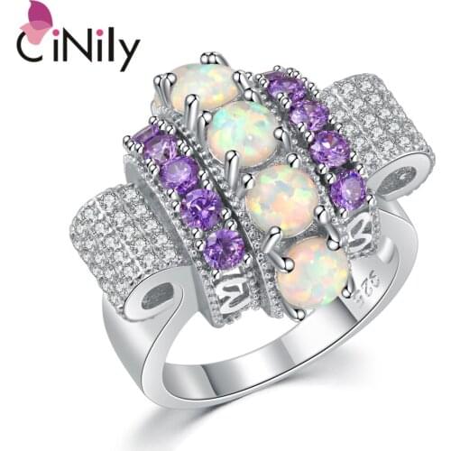 CiNily Created White Fire Opal Purple Zircon Cubic Zirconia Silver Plated Wholesale for Women Jewelry Ring Size 7 8 9 OJ9109
