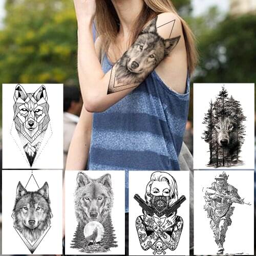 Geometric Rhombus Wolf Tattoos Temporary Black Henna Tattoo Sticker For Men Women Soldier Warrior Body Art Arm Leg Tatoo Paper