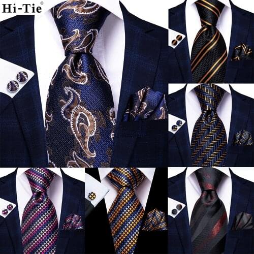 Hi-Tie Blue Gold Burgundy Striped Paisley Silk Wedding Nicktie For Men Hanky Cufflink Gift Tie Set Business Party Dropshipping