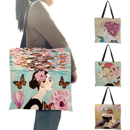 Beautiful Audrey Hepburn Floral Design Womens Shoulder Bag Large Capacity Reusable Shopping Totes for School Traveling B13081