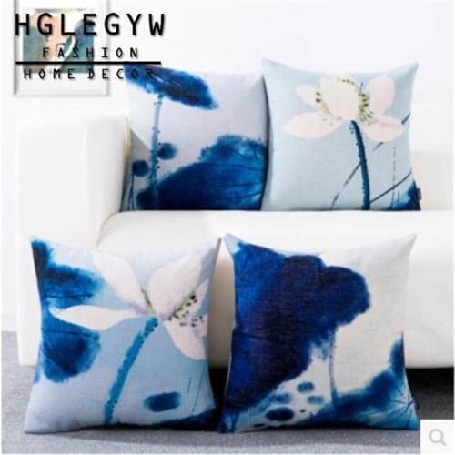 Retro Lotus Linen Cotton Pillow Case Throw Pillowcase Cotton Linen Printed Pillow Covers For Office Home Textile