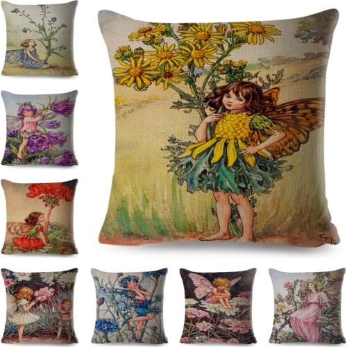 Cute Cartoon Flower Girl Cushion Cover Decor Colorful Fairy Tale World Elves for Sofa Home Pillow Case Linen Pillowcase 45x45cm