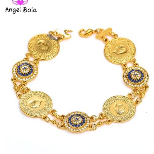 Men Middle Eastern Allah Jewelry Gifts Crystal Blue Evil Eyes Money Coin Bracelet Islamic Muslim Arab Coins Bracelet for Women