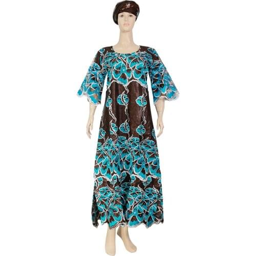 2021 New African Dresses For Women Embroidery Dashiki Bazin Riche Maxi Robes Ankara Dress With Turban Lady Wedding Party Outfit