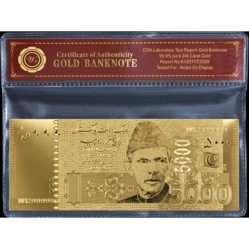 Normal Gold Pakistan Banknote 5000 Rupee For Gold Foil With COAPVC Frame Gifts Collection