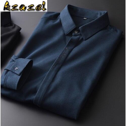 Solid Color Mens Shirts Luxury Embroidery Long Sleeve Mens Dress Shirts Autumn Winter Slim Fit Mens Shirt Plus Size 4XL