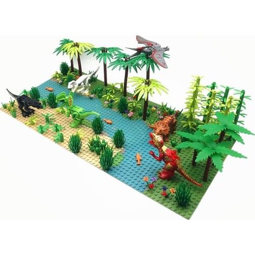 Jurassic Park World Dinosaurs Blocks Toys for Children Boy Girl DIY MOC Dino Tree Forest Bamboo Building Bricks Set 2 Baseplates
