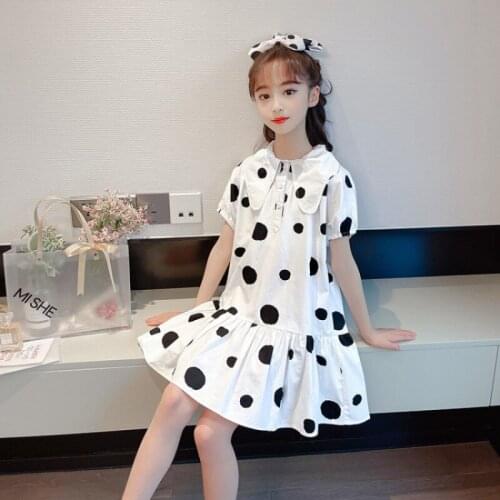 White Teenage Girls Summer Dresses 2021 Korean Style Dot Sundress Kids Cotton Turn-down Collar Dress Teen Clothes 10 11 12 13 14