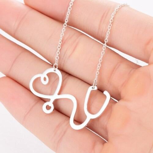 Sasusp Stainless Steel Stethoscope Heart Pendants Necklaces Fashion Chain Necklace Women Christmas Gifts For Nurse Doctor
