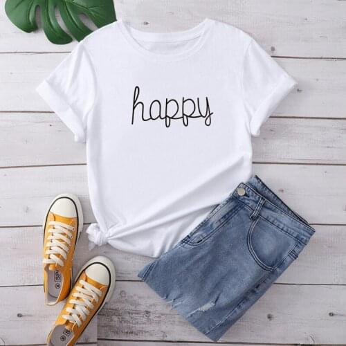 Happy Printed Woman Tshirt Summer Casual Tee Female Tops European Style Graphic Woman T Shirt